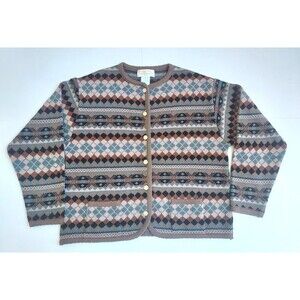 Ladies Tally-Ho Diamond Pattern Fall Colors Button Down Sweater W/Pockets Size L